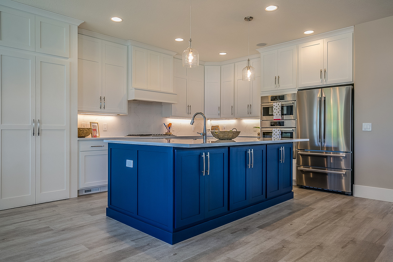 kitchen with blue and white cupboards